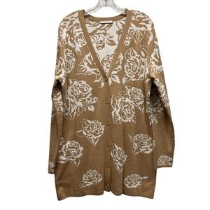Button Up Longline Heavy Knit Cardigan Sweater Tan Floral Sz L?